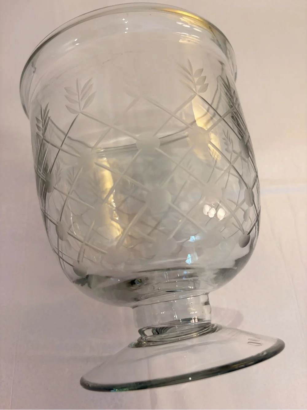 Etched Clear Glass Pedestal 6” Tall Hurricane / Vase